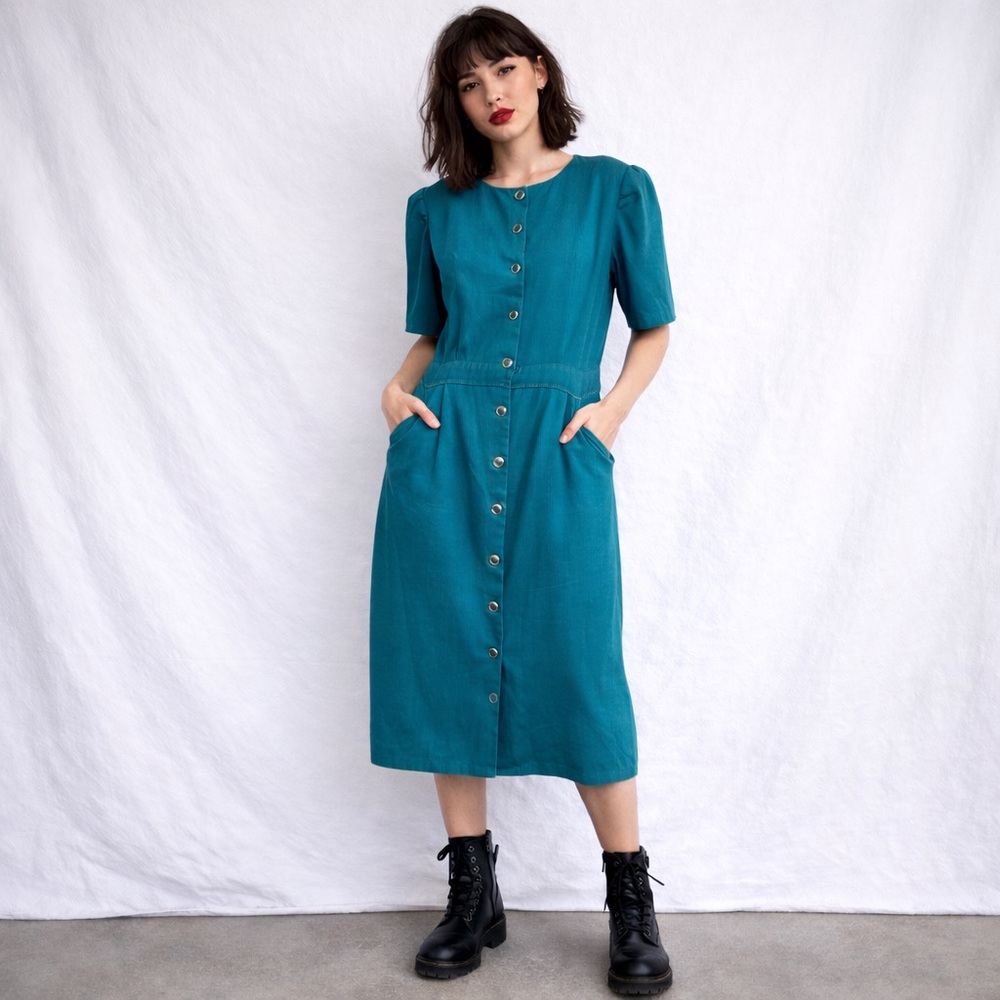 Vintage 90s Teal Button Front Dress | USA Made | Size 16W